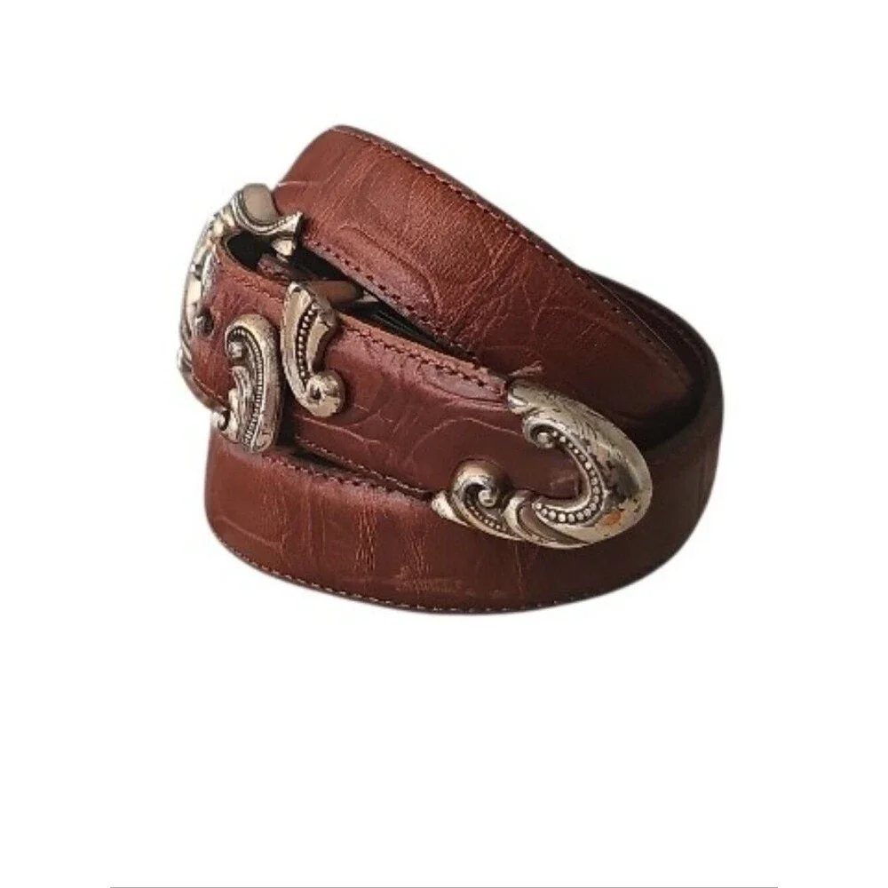 Brighton Vintage Leather Belt Women’s M Brown Silver Scroll Buckle Western USA